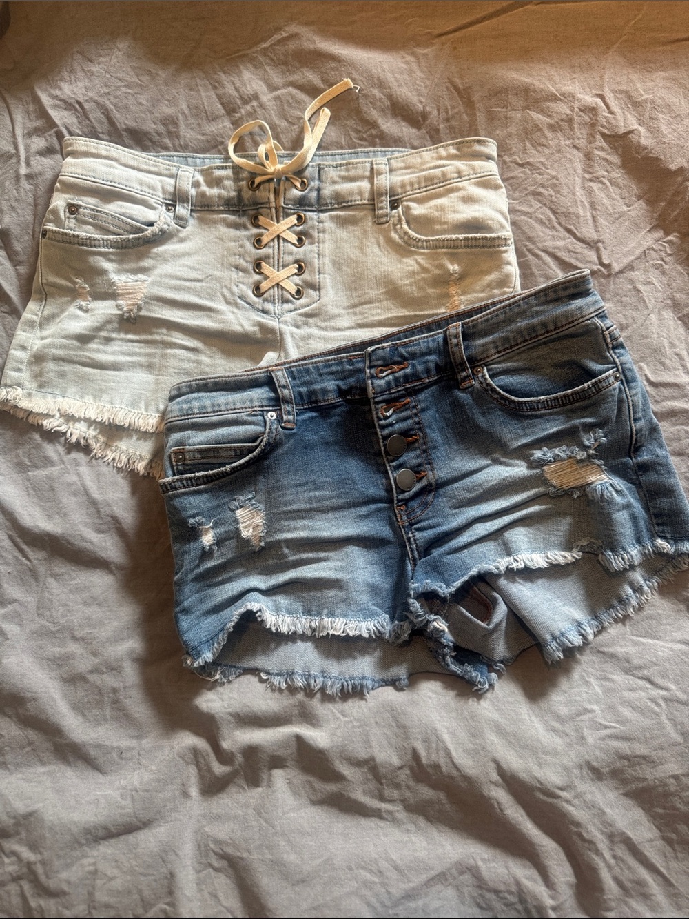 Billabong Light Wash & Medium Blue Distressed Lace-Up and Button-Fly Jean Shorts